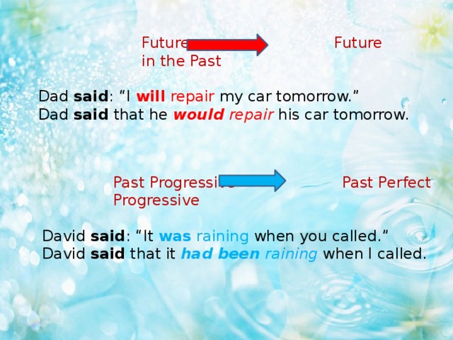 Future Future in the Past Dad said : “I will  repair my car tomorrow.” Dad said that he would  repair  his car tomorrow. Past Progressive Past Perfect Progressive David said : “It was raining when you called.” David said that it had been raining when I called.