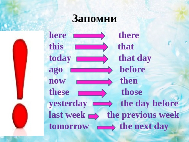 Запомни here there  this that  today that day  ago before  now then  these those  yesterday the day before  last week the previous week  tomorrow the next day