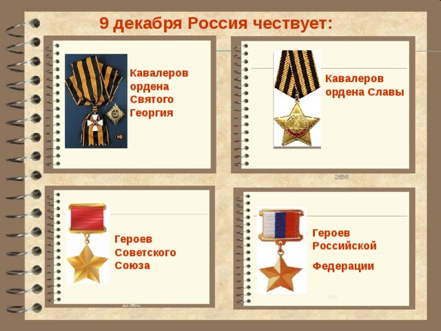 9 декабря Россия чествует: чествует: Кавалеров ордена Святого Георгия Кавалеров ордена Славы 2656  Героев Российской Федерации Героев Советского Союза 966 12.862