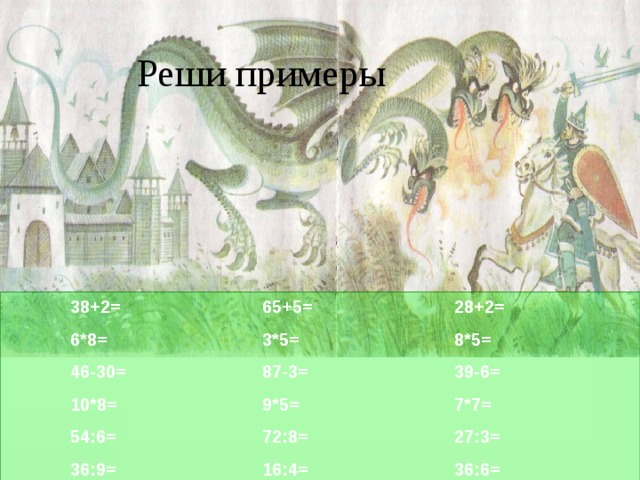 Реши примеры  38+2=    65+5=    28+2=  6*8=    3*5=    8*5=  46-30=  87-3=    39-6=  10*8=    9*5=    7*7=  54:6=    72:8=    27:3=  36:9=    16:4=    36:6=