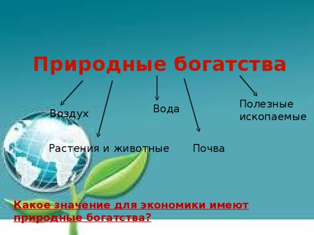 Природные богатства Полезные ископаемые  Вода Воздух  Почва  Растения и животные Какое значение для экономики имеют природные богатства?