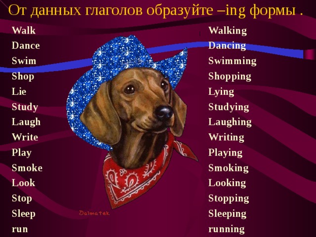 От данных глаголов образуйте – ing формы . Walk Dance Swim Shop Lie Study Laugh Write Play Smoke Look Stop Sleep run  Walking Dancing Swimming Shopping Lying Studying Laughing Writing Playing Smoking Looking Stopping Sleeping running