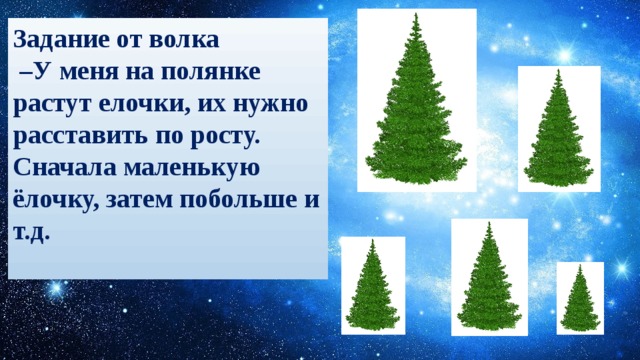 Задание от волка – У меня на полянке растут елочки, их нужно расставить по росту. Сначала маленькую ёлочку, затем побольше и т.д.