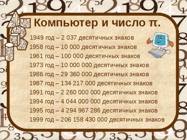 Компьютер и число π.  1949 год – 2 037 десятичных знаков  1958 год – 10 000 десятичных знаков  1961 год – 100 000 десятичных знаков     1973 год – 10 000 000 десятичных знаков  1986 год – 29 360 000 десятичных знаков  1987 год – 134 217 000 десятичных знаков   1991 год – 2 260 000 000 десятичных знаков   1994 год – 4 044 000 000 десятичных знаков  1995 год – 4 294 967 286 десятичных знаков   1999 год – 206 158 430 000 десятичных знаков