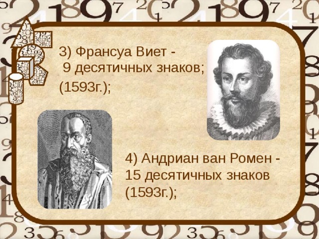 3) Франсуа Виет - 9 десятичных знаков;    (1593г.);  4) Андриан ван Ромен - 15 десятичных знаков (1593г.); 