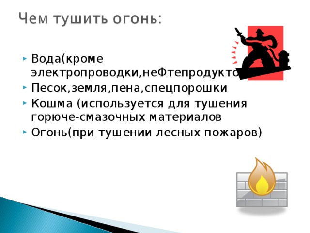 Вода(кроме электропроводки,неФтепродуктов). Песок,земля,пена,спецпорошки Кошма (используется для тушения горюче-смазочных материалов Огонь(при тушении лесных пожаров)