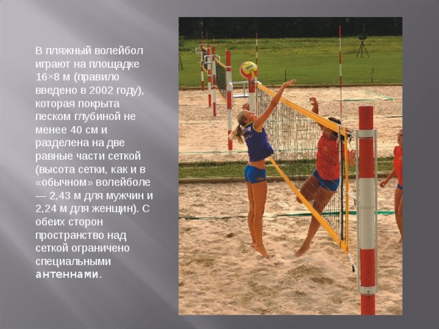 В пляжный волейбол играют на площадке 16×8 м (правило введено в 2002 году), которая покрыта песком глубиной не менее 40 см и разделена на две равные части сеткой (высота сетки, как и в «обычном» волейболе — 2,43 м для мужчин и 2,24 м для женщин). С обеих сторон пространство над сеткой ограничено специальными антеннами.