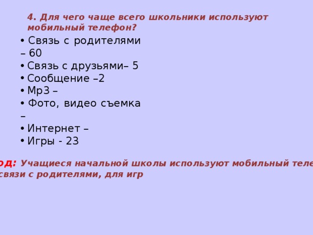 4. Для чего чаще всего школьники используют мобильный телефон?  Связь с родителями – 60  Связь с друзьями– 5  Сообщение –2  Мр3 –  Фото, видео съемка –  Интернет –  Игры - 23 Вывод: Учащиеся начальной школы используют мобильный телефон  для связи с родителями, для игр