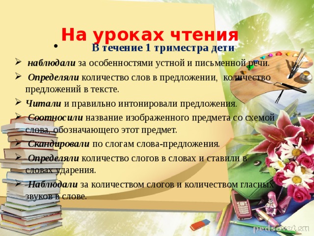 На уроках чтения        В течение 1 триместра дети   наблюдали  за особенностями устной и письменной речи.   Определяли  количество слов в предложении,    количество предложений в тексте.  Читали и правильно интонировали предложения .   Соотносили   название изображенного предмета со схемой слова, обозначающего этот предмет.   Скандировали  по слогам слова-предложения.   Определяли  количество слогов в словах и ставили в словах ударения.   Наблюдали   за количеством слогов и количеством гласных звуков в слове.  