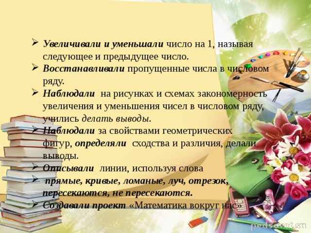 Увеличивали и уменьшали  число на 1, называя следующее и предыдущее число. Восстанавливали  пропущенные числа в числовом ряду. Наблюдали   на рисунках и схемах закономерность увеличения и уменьшения чисел в числовом ряду, учились  делать выводы. Наблюдали  за свойствами геометрических фигур,   определяли   сходства и различия, делали выводы.   Описывали    линии, используя слова   прямые, кривые, ломаные, луч, отрезок, пересекаются, не пересекаются. Создавали проект «Математика вокруг нас»