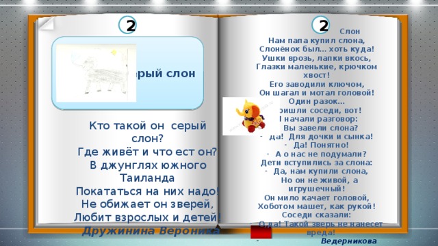 2 2  Слон Нам папа купил слона, Слонёнок был… хоть куда! Ушки врозь, лапки вкось, Глазки маленькие, крючком хвост! Его заводили ключом, Он шагал и мотал головой! Один разок… Пришли соседи, вот! И начали разговор: Вы завели слона? Да! Для дочки и сынка! Да! Понятно! А о нас не подумали? Дети вступились за слона: Да, нам купили слона,  Но он не живой, а игрушечный! Он мило качает головой, Хоботом машет, как рукой! Соседи сказали: О,да! Такой зверь не нанесет вреда!  Ведерникова Евгения Серый слон Кто такой он серый слон? Где живёт и что ест он? В джунглях южного Таиланда Покататься на них надо! Не обижает он зверей, Любит взрослых и детей!  Дружинина Вероника