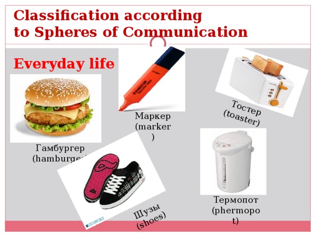 Тостер  (toaster) Шузы (shoes) Сlassification according  to Spheres of Communication Everyday life   Маркер (marker) Гамбургер (hamburger) Термопот (phermopot)