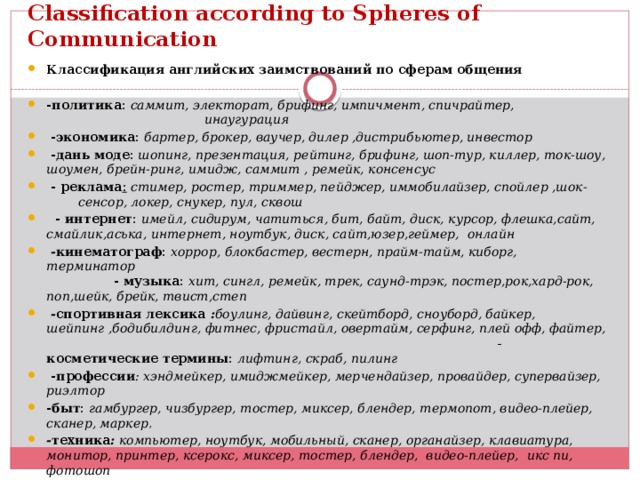 Сlassification according to Spheres of Communication Классификация английских заимствований по сферам общения  