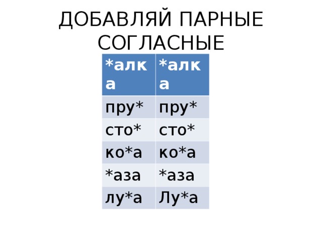 ДОБАВЛЯЙ ПАРНЫЕ СОГЛАСНЫЕ *алка *алка пру* пру* сто* сто* ко*а ко*а *аза *аза лу*а Лу*а