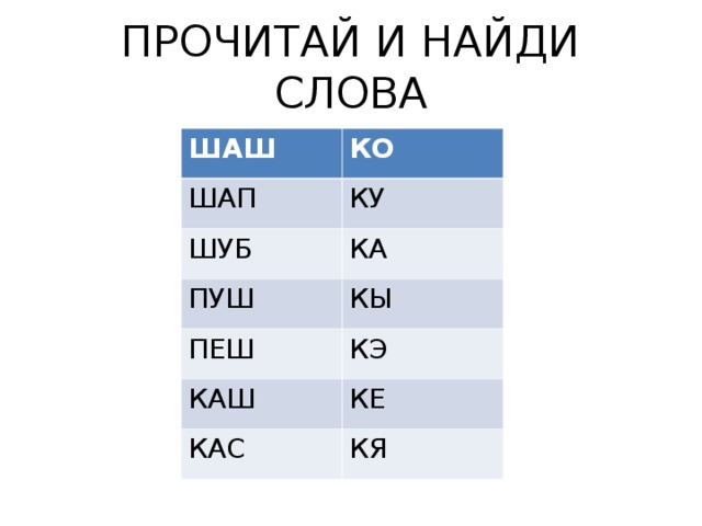 ПРОЧИТАЙ И НАЙДИ СЛОВА ШАШ КО ШАП КУ ШУБ КА ПУШ КЫ ПЕШ КЭ КАШ КЕ КАС КЯ