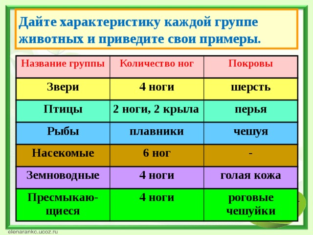 Дайте характеристику каждой группе животных и приведите свои примеры. Название группы Количество ног Звери Покровы 4 ноги Птицы 2 ноги, 2 крыла шерсть Рыбы Насекомые плавники перья 6 ног чешуя Земноводные - 4 ноги Пресмыкаю-щиеся 4 ноги голая кожа роговые чешуйки