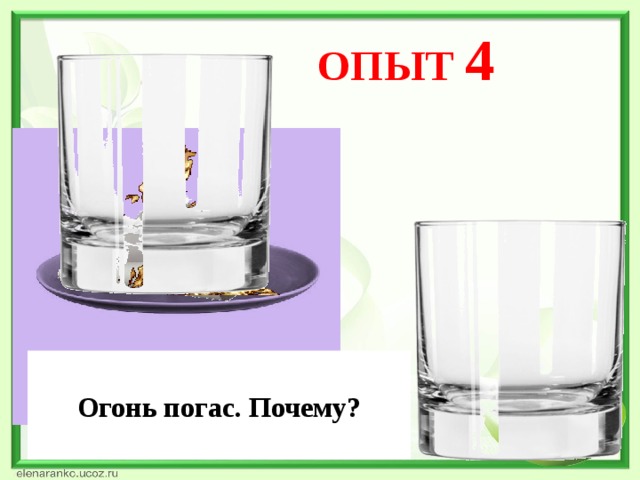 ОПЫТ 4 Зажжем на блюдце бумажку. А теперь накроем её стаканом.  Огонь погас. Почему?