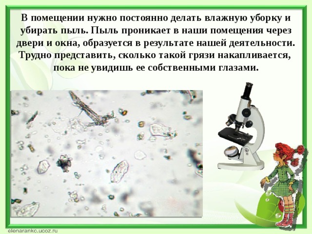 В помещении нужно постоянно делать влажную уборку и убирать пыль. Пыль проникает в наши помещения через двери и окна, образуется в результате нашей деятельности. Трудно представить, сколько такой грязи накапливается, пока не увидишь ее собственными глазами.