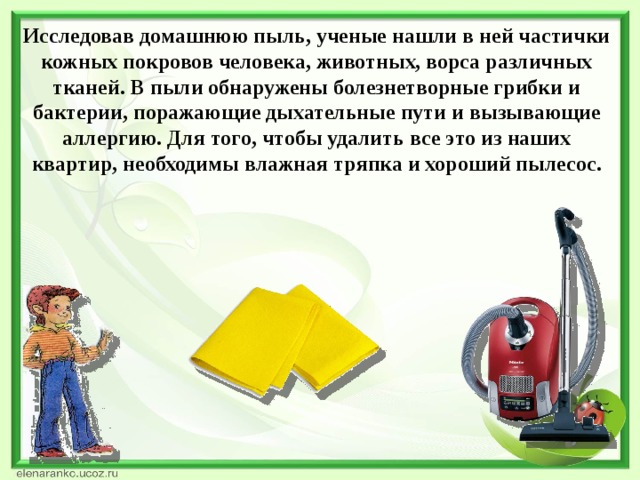 Исследовав домашнюю пыль, ученые нашли в ней частички кожных покровов человека, животных, ворса различных тканей. В пыли обнаружены болезнетворные грибки и бактерии, поражающие дыхательные пути и вызывающие аллергию. Для того, чтобы удалить все это из наших квартир, необходимы влажная тряпка и хороший пылесос.