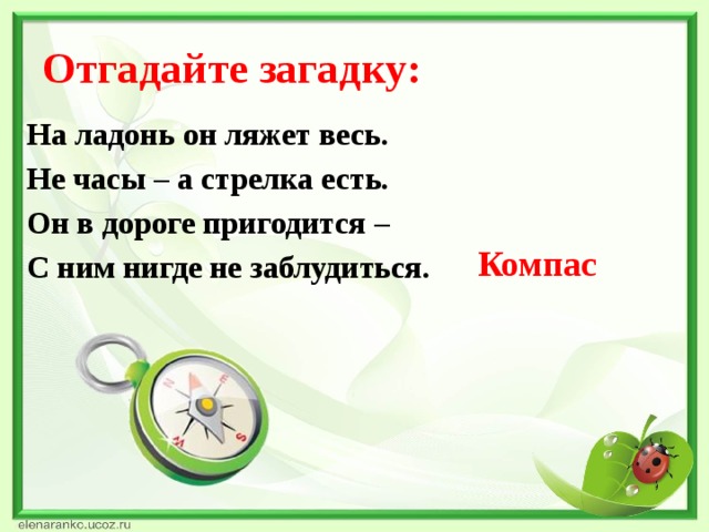 Отгадайте загадку: На ладонь он ляжет весь. Не часы – а стрелка есть. Он в дороге пригодится – С ним нигде не заблудиться. Компас