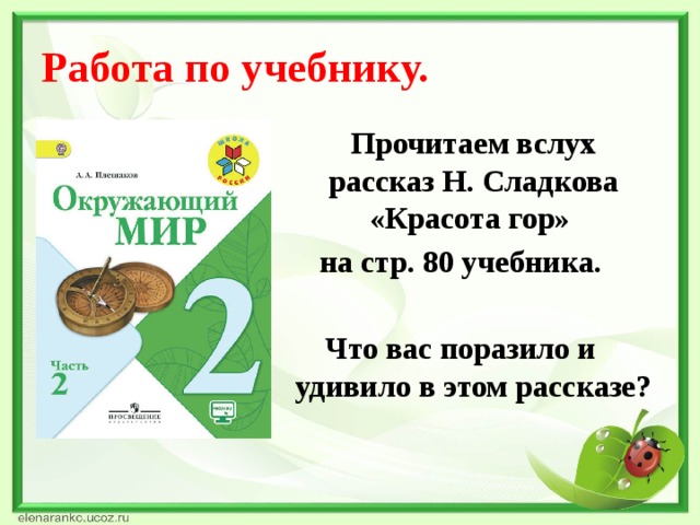 Работа по учебнику.  Прочитаем вслух рассказ Н. Сладкова «Красота гор» на стр. 80 учебника.  Что вас поразило и удивило в этом рассказе?