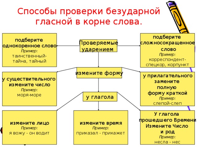 Способы проверки безударной гласной в корне слова. подберите однокоренное слово Пример: таинственный- тайна, тайный подберите сложносокращенное  слово Пример: корреспондент- спецкор, корпункт Проверяемые ударением измените форму у прилагательного замените полную форму краткой Пример: слепой-слеп у существительного измените число Пример: моря-море у глагола измените время Пример: приказал - прикажет У глагола прошедшего Времени Измените Число и род Пример: несла - нес измените лицо Пример: я вожу - он водит