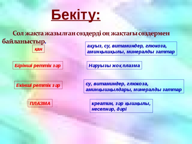 Бекіту:    ақуыз, су, витаминдер, глюкоза, аминқышқылы, минералды заттар қан Бірінші реттік зәр Нәруызы жоқ плазма су, витаминдер, глюкоза, аминқышқылдары, минералды заттар Екінші реттік зәр ПЛАЗМА креатин, зәр қышқылы, несепнәр, дәрі