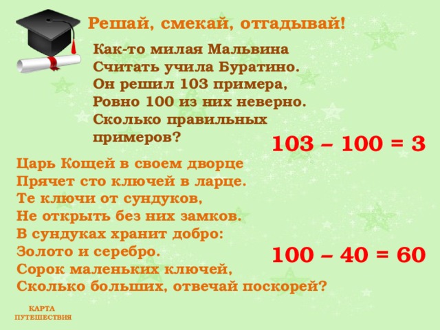 Решай, смекай, отгадывай! Как-то милая Мальвина  Считать учила Буратино.  Он решил 103 примера,  Ровно 100 из них неверно.  Сколько правильных примеров?  103 – 100 = 3 Царь Кощей в своем дворце  Прячет сто ключей в ларце.  Те ключи от сундуков,  Не открыть без них замков.  В сундуках хранит добро:  Золото и серебро.  Сорок маленьких ключей,  Сколько больших, отвечай поскорей?  100 – 40 = 60 КАРТА ПУТЕШЕСТВИЯ