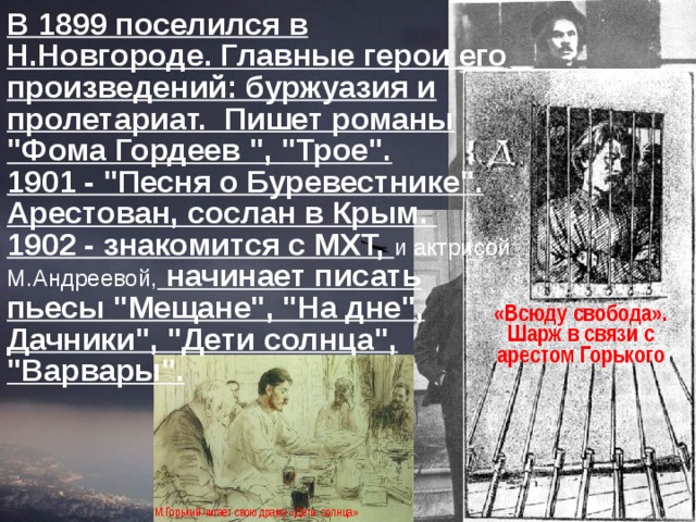 В 1899 поселился в Н.Новгороде. Главные герои его произведений: буржуазия и пролетариат. Пишет романы 