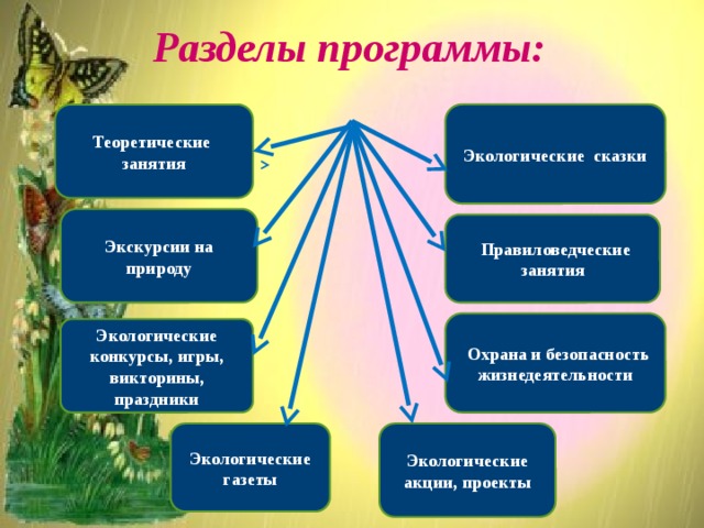 Разделы программы: Экологические сказки Теоретические занятия  Экскурсии на природу  Правиловедческие занятия  Охрана и безопасность жизнедеятельности Экологические конкурсы, игры, викторины, праздники Экологические газеты Экологические акции, проекты