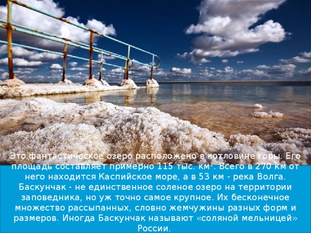 Это фантастическое озеро расположено в котловине горы. Его площадь составляет примерно 115 тыс. км². Всего в 270 км от него находится Каспийское море, а в 53 км - река Волга. Баскунчак - не единственное соленое озеро на территории заповедника, но уж точно самое крупное. Их бесконечное множество рассыпанных, словно жемчужины разных форм и размеров. Иногда Баскунчак называют «соляной мельницей» России.