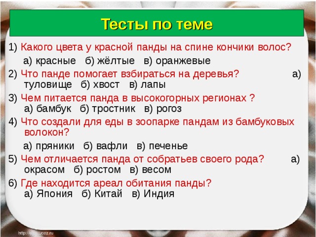 Тесты по теме 1) Какого цвета у красной панды на спине кончики волос?  а) красные б) жёлтые в) оранжевые 2) Что панде помогает взбираться на деревья? а) туловище б) хвост в) лапы 3) Чем питается панда в высокогорных регионах ? а) бамбук б) тростник в) рогоз 4) Что создали для еды в зоопарке пандам из бамбуковых волокон?  а) пряники б) вафли в) печенье 5) Чем отличается панда от собратьев своего рода? а) окрасом б) ростом в) весом 6) Где находится ареал обитания панды? а) Япония б) Китай в) Индия 18.06.18 Антоненкова Анжелика Викторовна