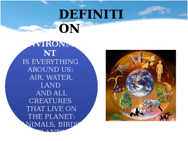 DEFINITION THE ENVIRONMENT IS EVERYTHING AROUND US: AIR, WATER, LAND AND ALL CREATURES THAT LIVE ON THE PLANET: ANIMALS, BIRDS, PLANTS.