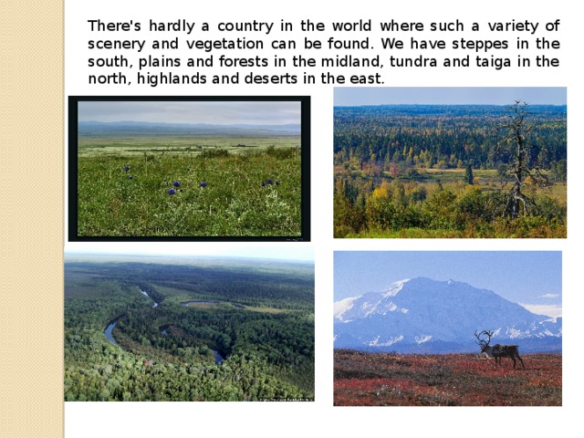 There's hardly a country in the world where such a variety of scenery and vegetation can be found. We have steppes in the south, plains and forests in the midland, tundra and taiga in the north, highlands and deserts in the east.