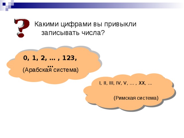 (Арабская система) Какими цифрами вы привыкли записывать числа? 0, 1, 2, … , 123, … I, II, III, IV, V, ... , XX, ... (Римская система)