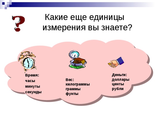 Какие еще единицы измерения вы знаете? Деньги: доллары центы рубли Время: часы минуты секунды  Вес: килограммы граммы фунты