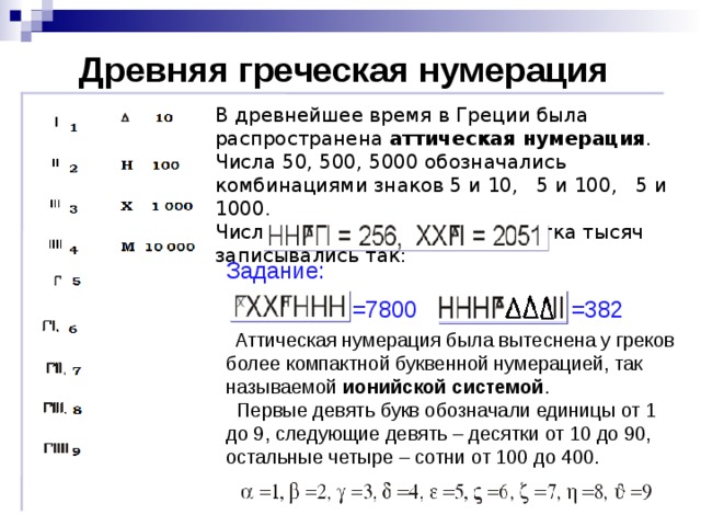 Древняя греческая нумерация В древнейшее время в Греции была распространена аттическая нумерация . Числа 50, 500, 5000 обозначались комбинациями знаков 5 и 10, 5 и 100, 5 и 1000. Числа в пределах первого десятка тысяч записывались так: Задание: =7800 =382  Аттическая нумерация была вытеснена у греков более компактной буквенной нумерацией, так называемой ионийской системой .  Первые девять букв обозначали единицы от 1 до 9, следующие девять – десятки от 10 до 90, остальные четыре – сотни от 100 до 400.