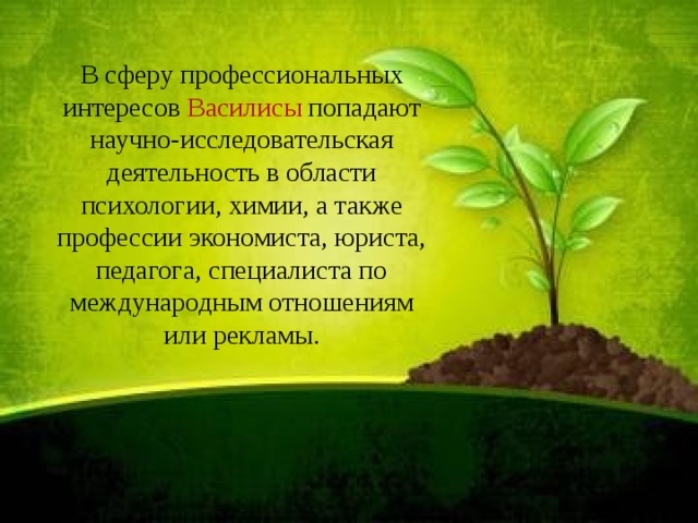 В сферу профессиональных интересов Василисы попадают научно-исследовательская деятельность в области психологии, химии, а также профессии экономиста, юриста, педагога, специалиста по международным отношениям или рекламы.