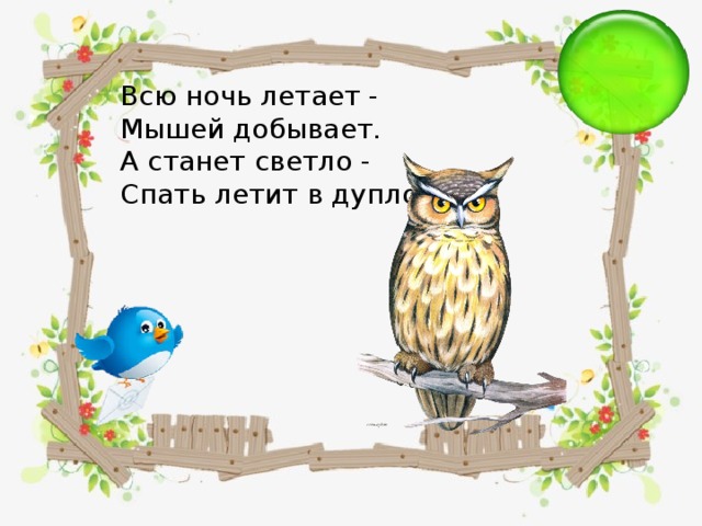 Всю ночь летает - Мышей добывает. А станет светло - Спать летит в дупло