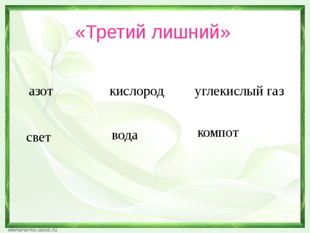 «Третий лишний» азот кислород углекислый газ компот вода свет
