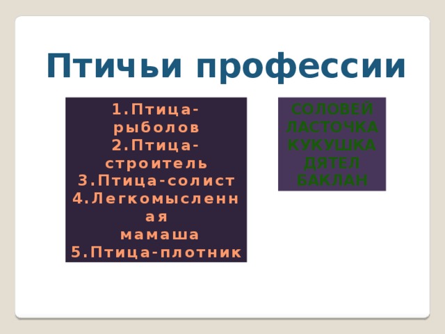 Птичьи профессии 1.Птица-рыболов соловей 2.Птица- строитель Ласточка 3.Птица-солист Кукушка 4.Легкомысленная Дятел  мамаша баклан 5.Птица-плотник