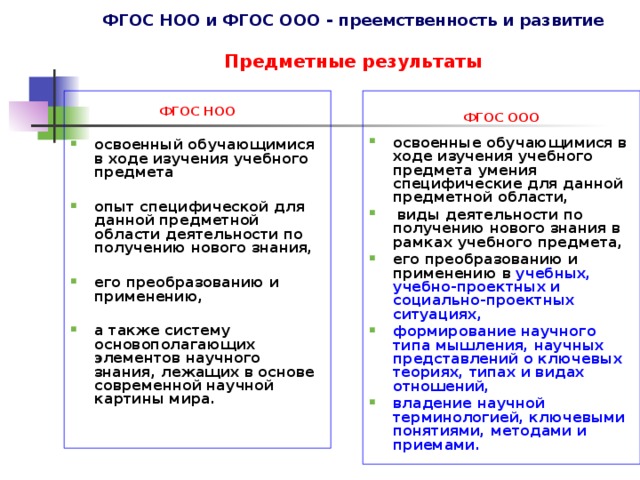 ФГОС НОО и ФГОС ООО - преемственность и развитие   Предметные результаты  ФГОС ООО освоенные обучающимися в ходе изучения учебного предмета умения специфические для данной предметной области,  виды деятельности по получению нового знания в рамках учебного предмета, его преобразованию и применению в учебных, учебно-проектных и социально-проектных ситуациях, формирование научного типа мышления, научных представлений о ключевых теориях, типах и видах отношений, владение научной терминологией, ключевыми понятиями, методами и приемами. ФГОС НОО