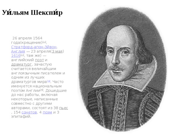 Уи́льям Шекспи́р   26 апреля 1564 года(крещение) [⇨] ,  Стратфорд-апон-Эйвон ,   Англия  — 23 апреля( 3 мая )  1616 [⇨] , там же) — английский  поэт  и  драматург , зачастую считается величайшим англоязычным писателем и одним из лучших драматургов мира [3] . Часто именуется национальным поэтом Англии [4] . Дошедшие до нас работы, включая некоторые, написанные совместно с другими авторами, состоят из 38  пьес , 154  сонетов , 4  поэм  и 3 эпитафий. 