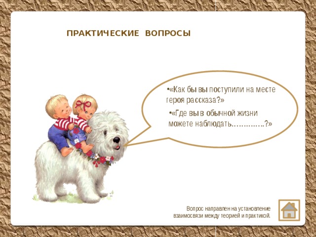 ПРАКТИЧЕСКИЕ ВОПРОСЫ «Как бы вы поступили на месте героя рассказа?» «Где вы в обычной жизни можете наблюдать…………..?» Вопрос направлен на установление взаимосвязи между теорией и практикой.