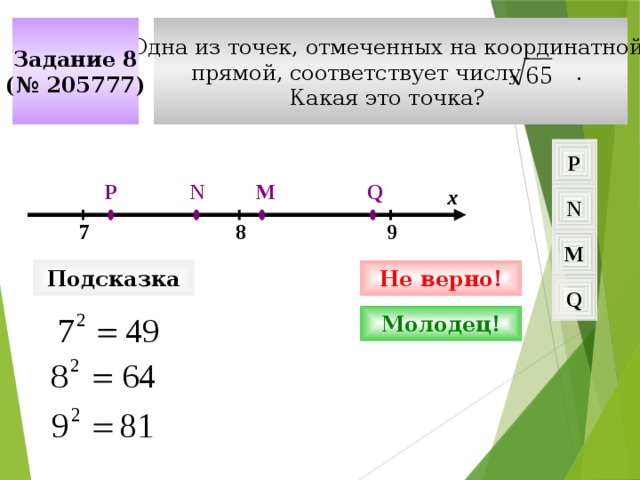 Одна из точек, отмеченных на координатной Задание 8 прямой, соответствует числу . (№ 205777) Какая это точка? P Q M N P х N 9 8 7 M Подсказка Не верно! Q Молодец!