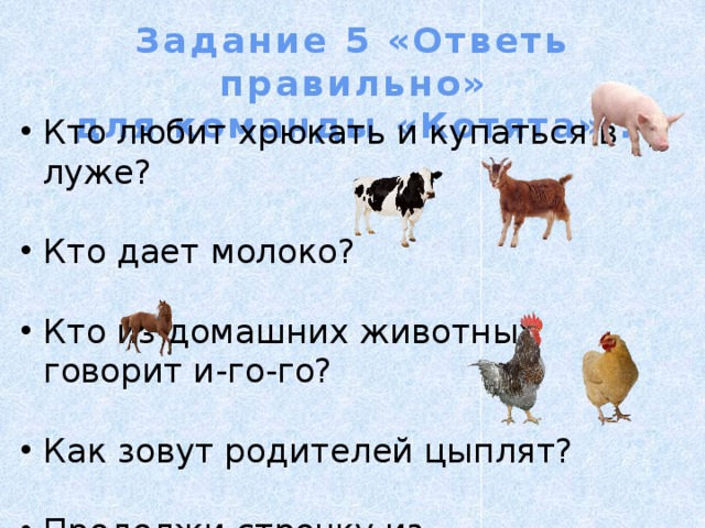 Задание 5 «Ответь правильно» для команды «Котята» .