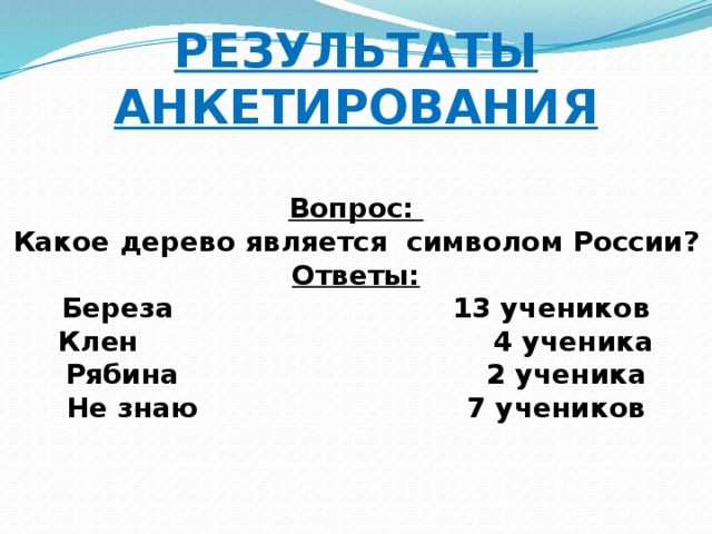 РЕЗУЛЬТАТЫ АНКЕТИРОВАНИЯ   Вопрос:  Какое дерево является символом России?  Ответы:  Береза 13 учеников  Клен 4 ученика  Рябина 2 ученика  Не знаю 7 учеников