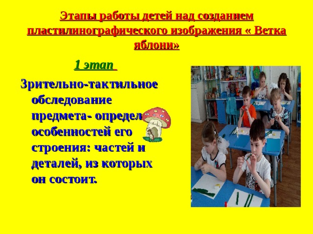 Этапы работы детей над созданием пластилинографического изображения « Ветка яблони» 1 этап  Зрительно-тактильное обследование предмета- определение особенностей его строения: частей и деталей, из которых он состоит.