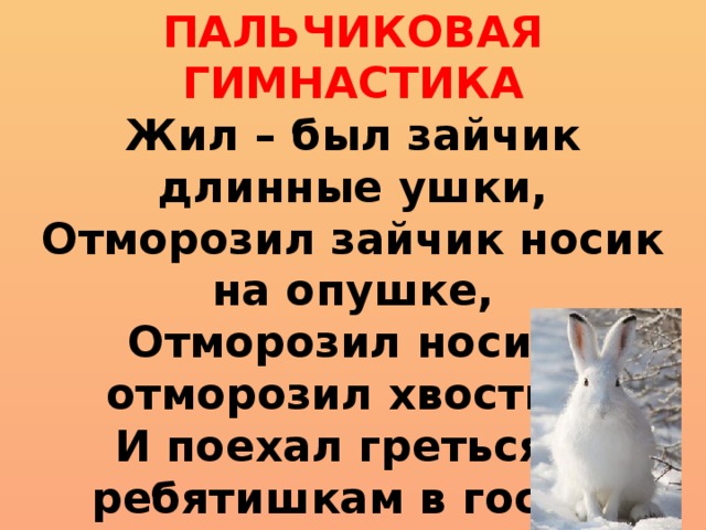 ПАЛЬЧИКОВАЯ ГИМНАСТИКА  Жил – был зайчик длинные ушки,  Отморозил зайчик носик на опушке,  Отморозил носик, отморозил хвостик,  И поехал греться к ребятишкам в гости!