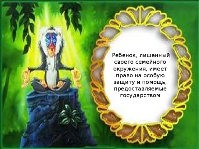   Ребенок, лишенный своего семейного окружения, имеет право на особую защиту и помощь, предоставляемые государством